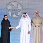 Qatar Chamber Chairman, Sheikh Khalifa bin Jassim Al Thani, Chairman of the Federation of GCC Chambers Sheikh Faisal Abdullah Al Rawas presenting memento to a QNB official during the 7th GCC Businesswomen Forum.